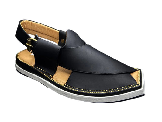 Classic Falcon Black Pure Leather Peshawari Chappal