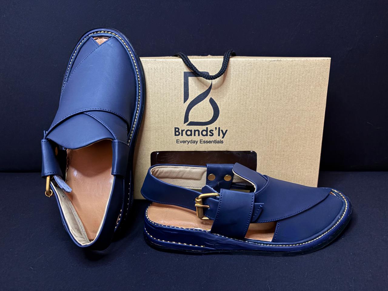 Classic Comfort Blue Pure Leather Peshawari Chappal